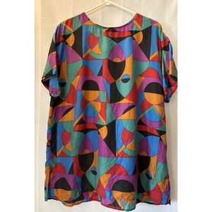 Vtg Women's Paul Et Duffier 100% Silk Button Up Geometric S Sleeve Blouse Size M